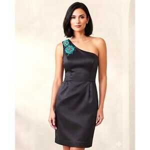 Maggy London Y2K Black One-Shoulder Beaded Sheath Dress